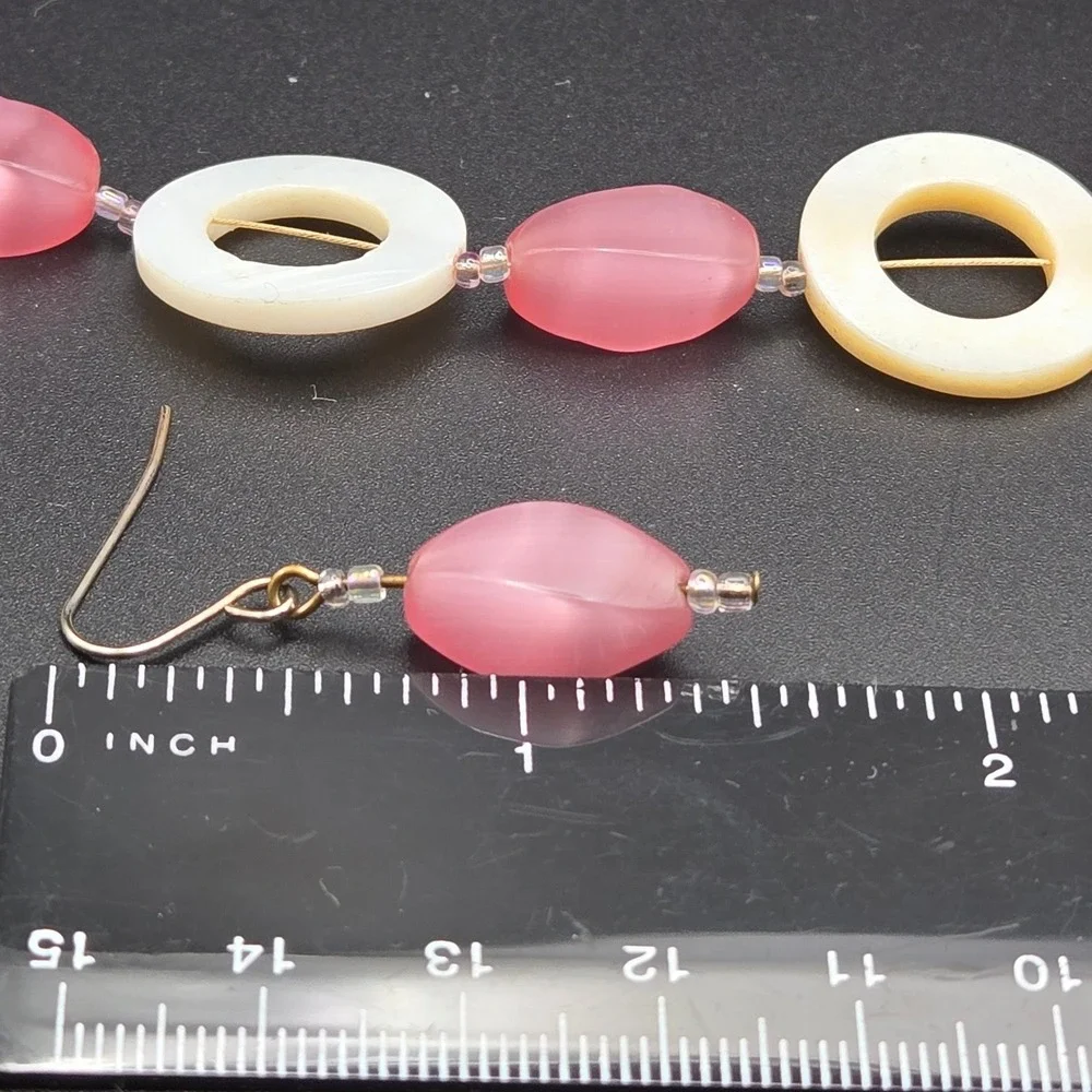 Pink Cat Eye Bead Necklace &‎ Dangle Earrings Set Mother of Pearl Circles